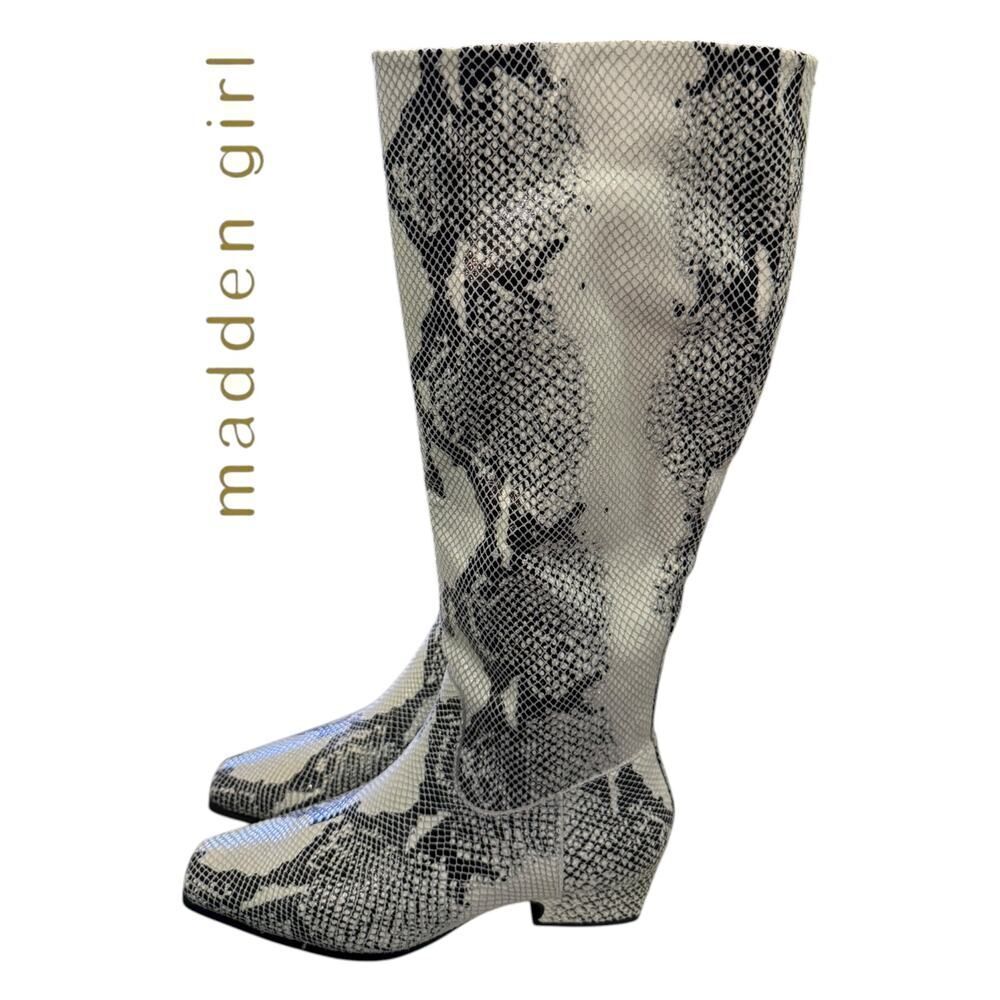 New Madden Girl Florance Black White Snake Print Leather Knee High Boots 8